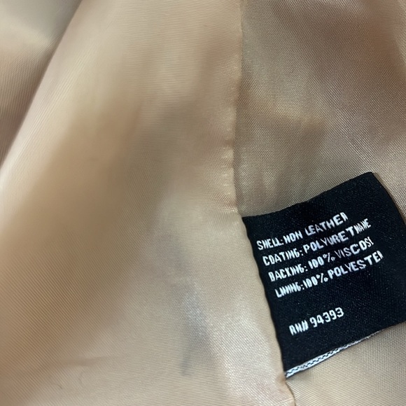 VEGAN LEATHER RUFFLED PEPLUM CAMEL COLORED MOTO STYLE JACKET - Picture 7 of 12